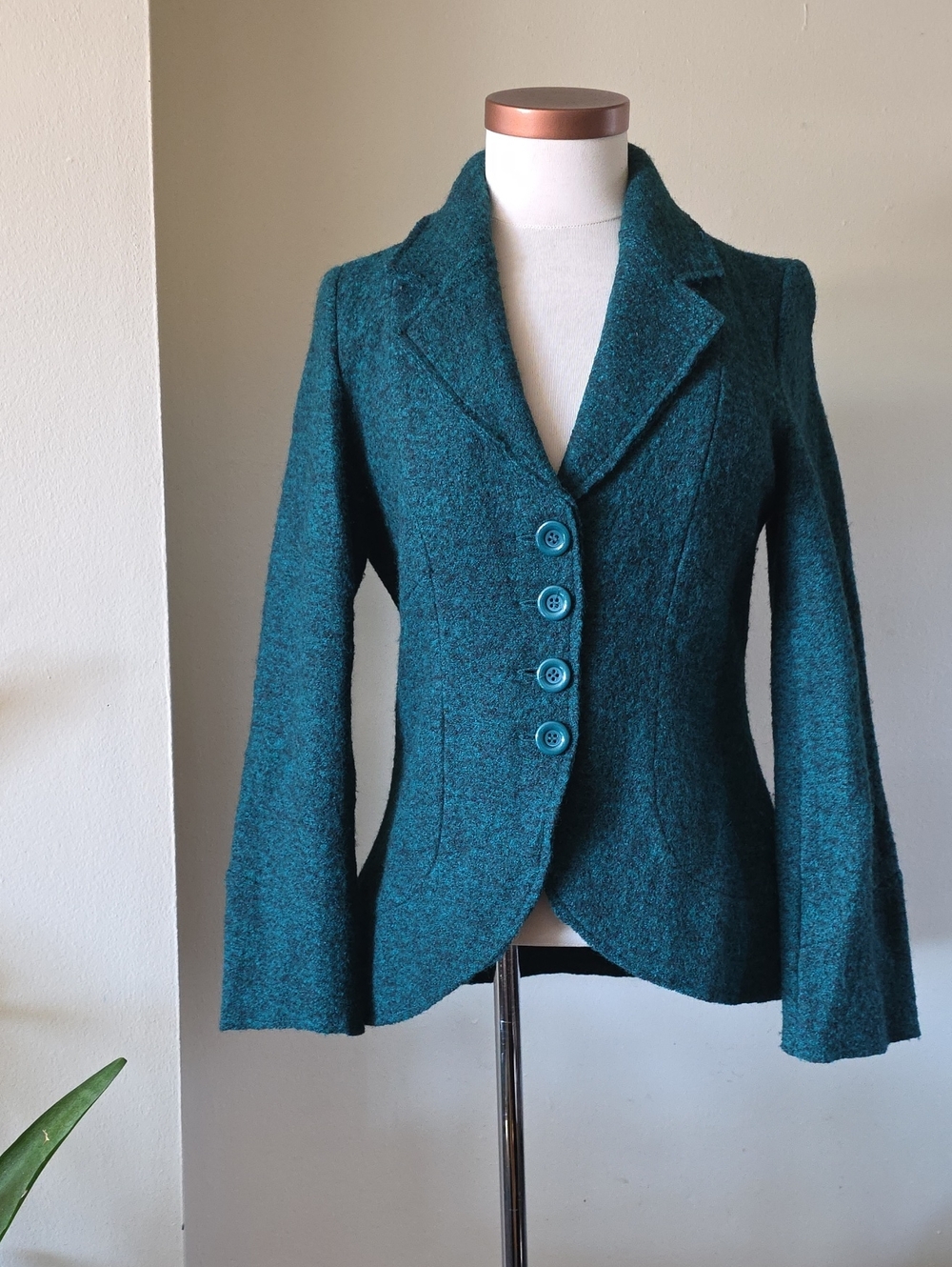 FOR CYNTHIA Wool Button Front Blazer Jacket - Speckled Black/Teal Green - M